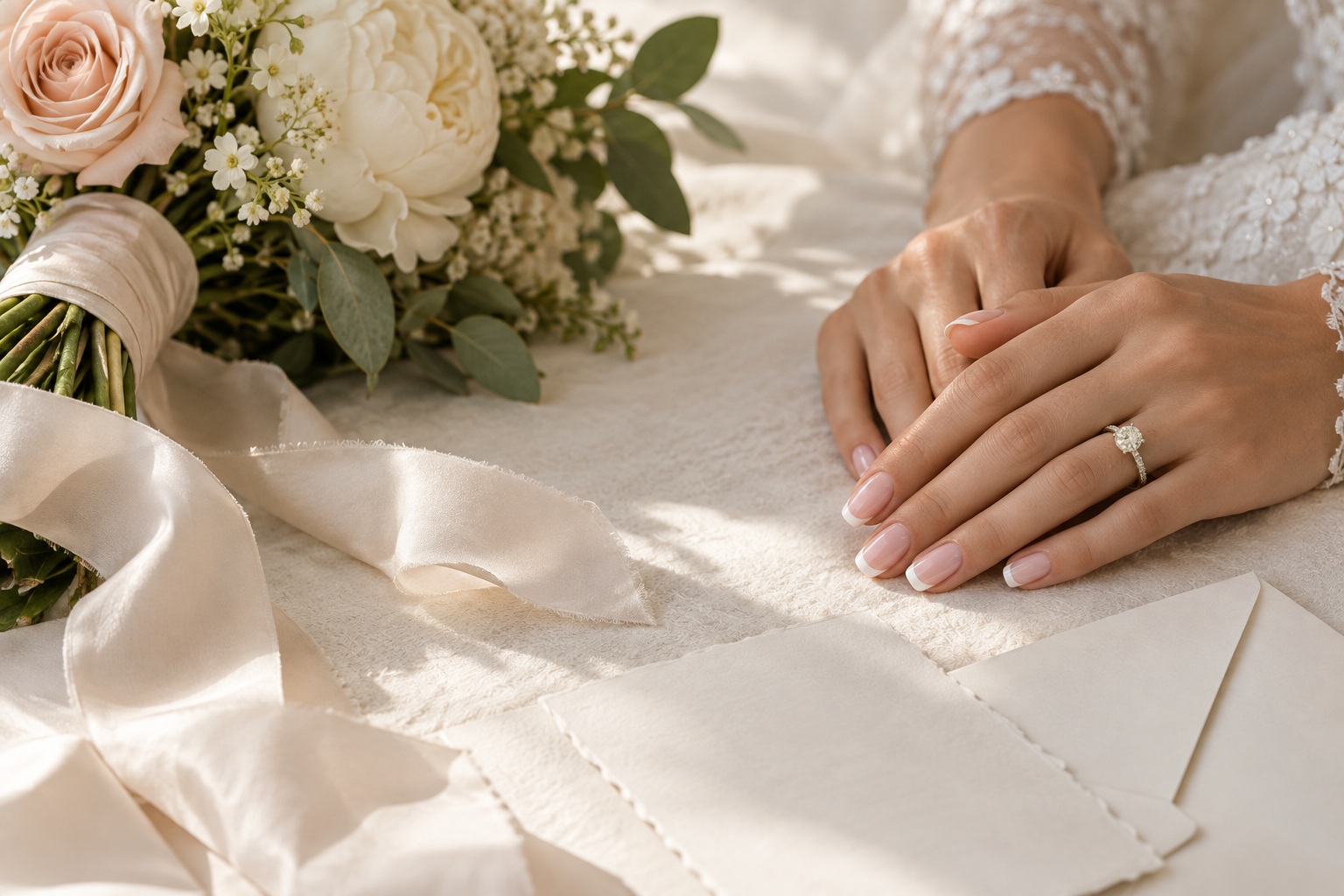 Classic wedding nails beside a wedding ring, ivory bouquet, and stationery
