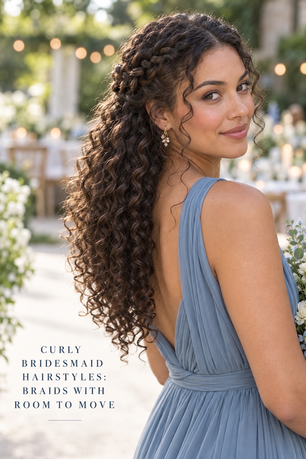 Curly bridesmaid hairstyles with a side braid and cascading natural curls