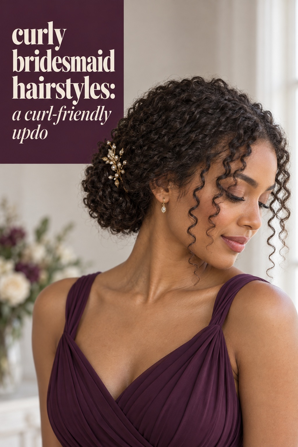 Curly bridesmaid hairstyles in a soft coily updo with a small gold comb