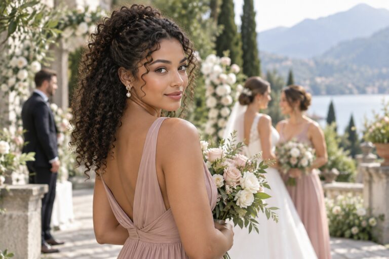 Curly bridesmaid hairstyles with natural curls at an outdoor wedding