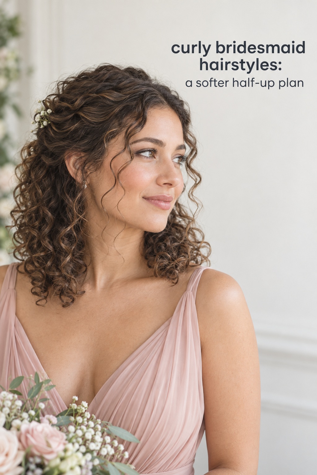 Curly bridesmaid hairstyles in a soft half-up twist with loose curls