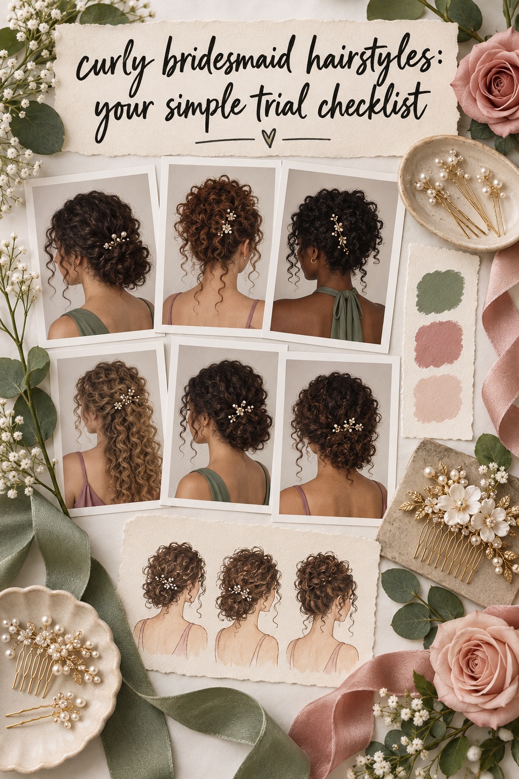 Curly bridesmaid hairstyles Pinterest-flat trial board with accessory and curl references