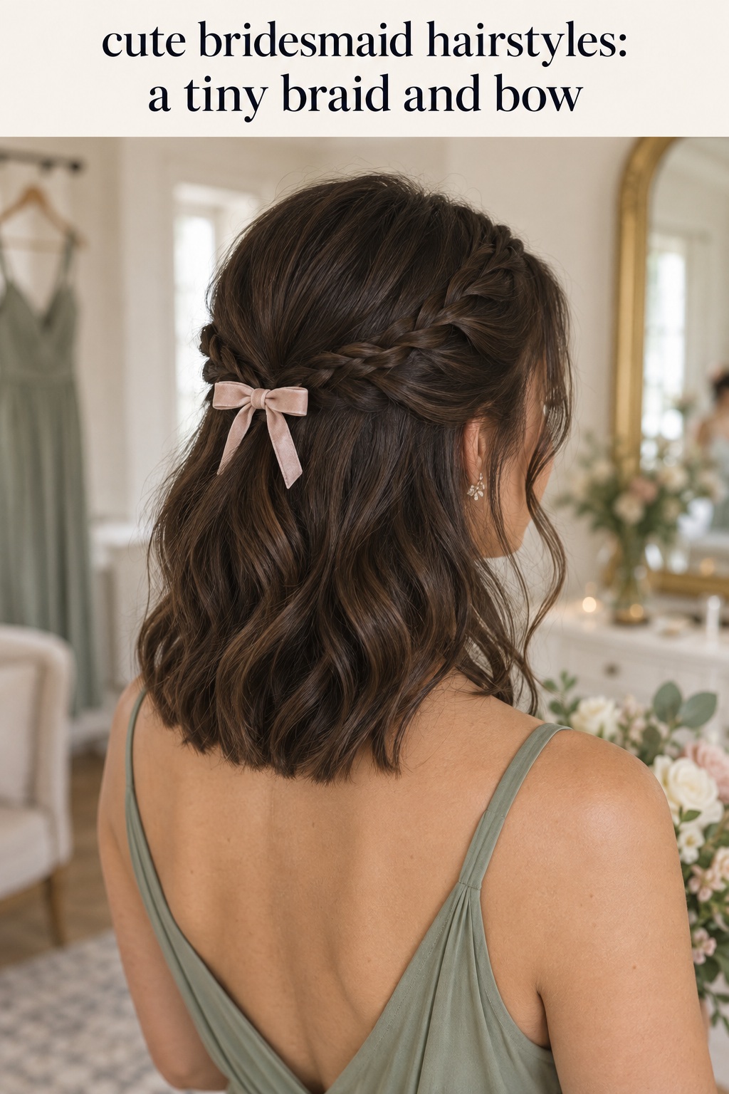 Cute bridesmaid hairstyles: half-up braid with a tiny blush bow