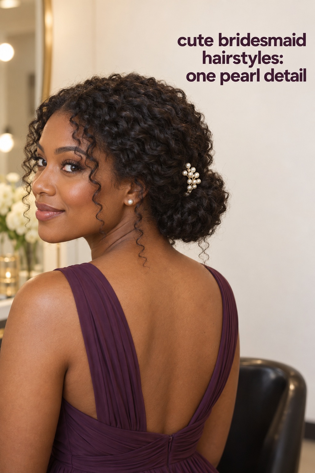 Cute bridesmaid hairstyles: natural curls with a pearl hair detail