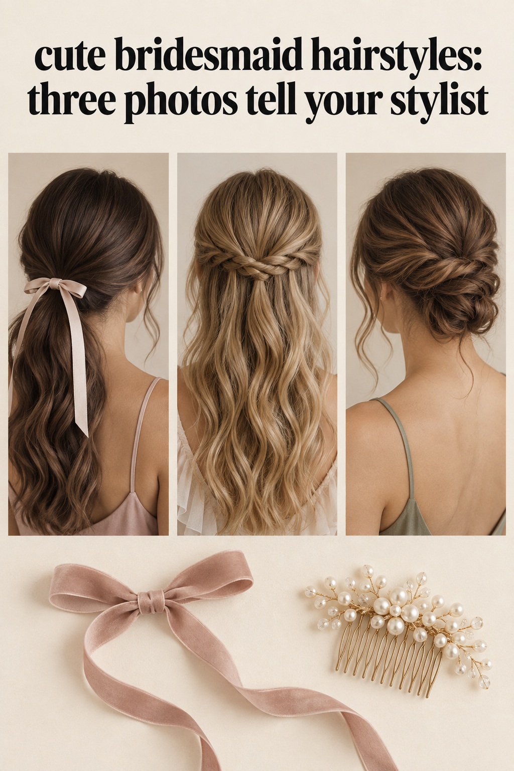 Cute bridesmaid hairstyles shown in a three-look ribbon and hairpin inspiration board