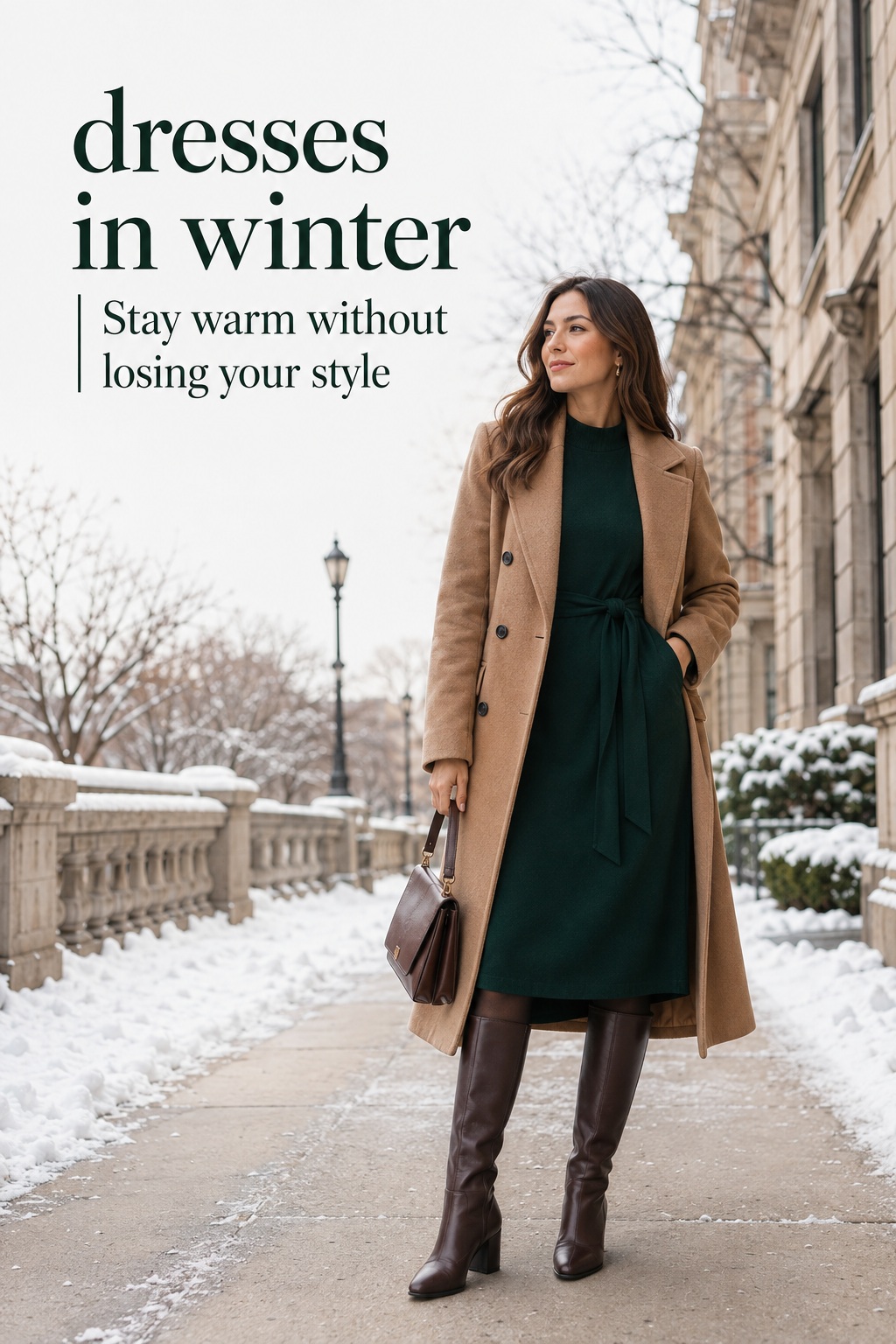 dresses in winter with a forest green midi, camel coat, and boots