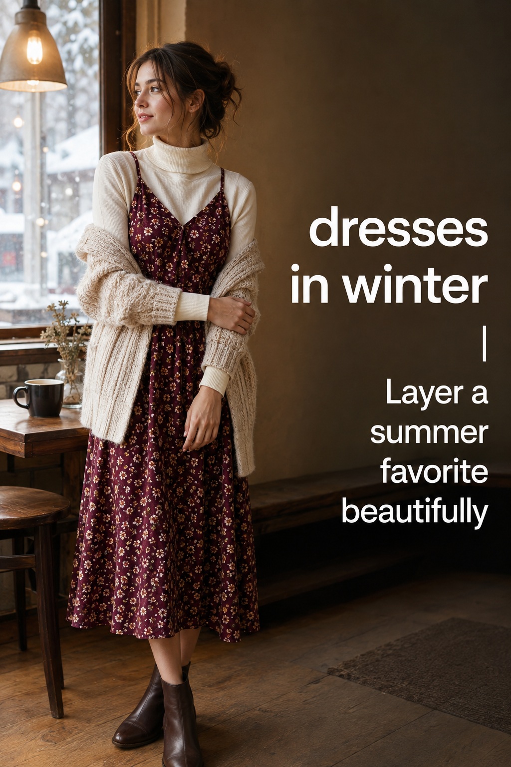 dresses in winter with a burgundy floral dress and cream turtleneck
