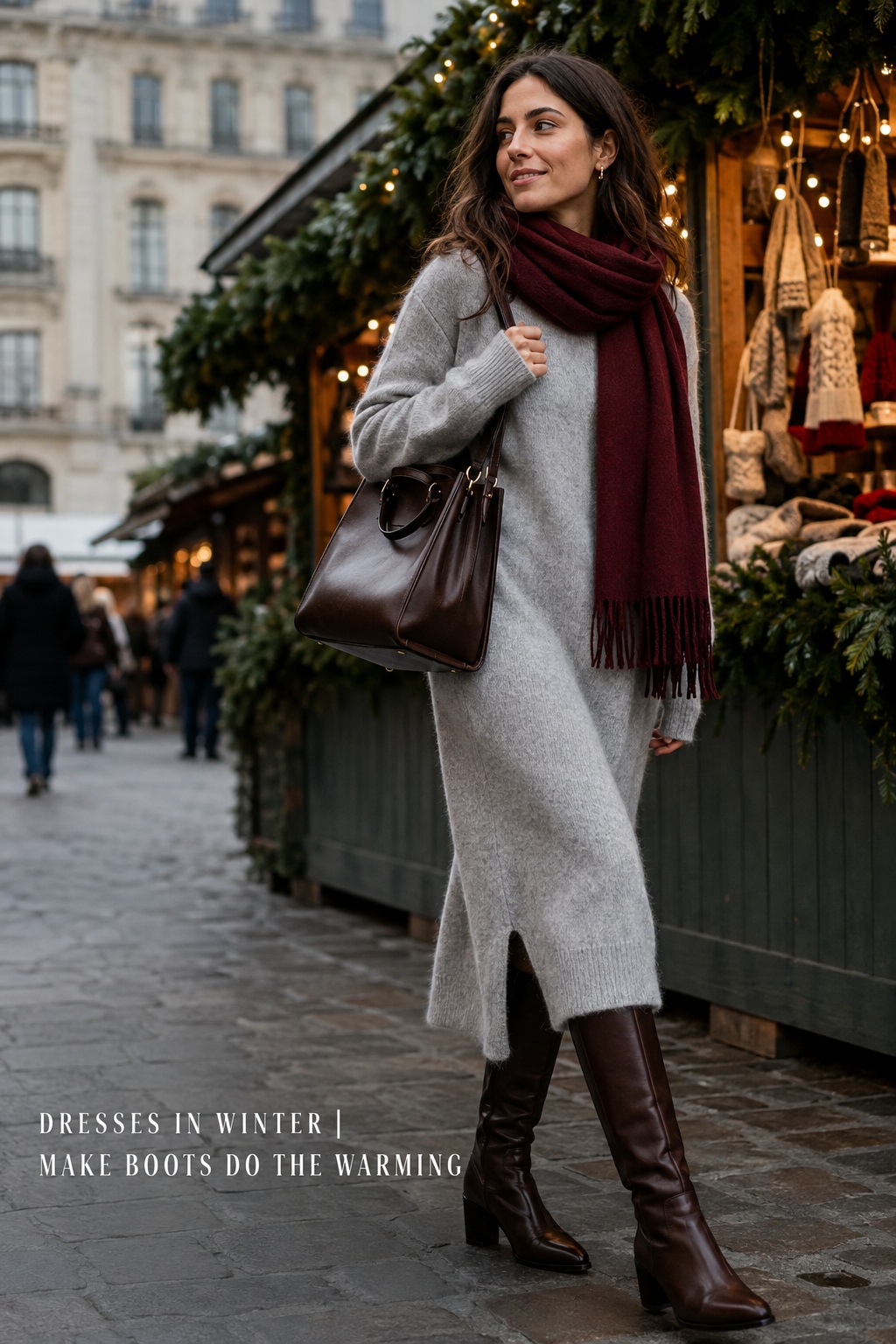 dresses in winter with a gray sweater dress and brown boots