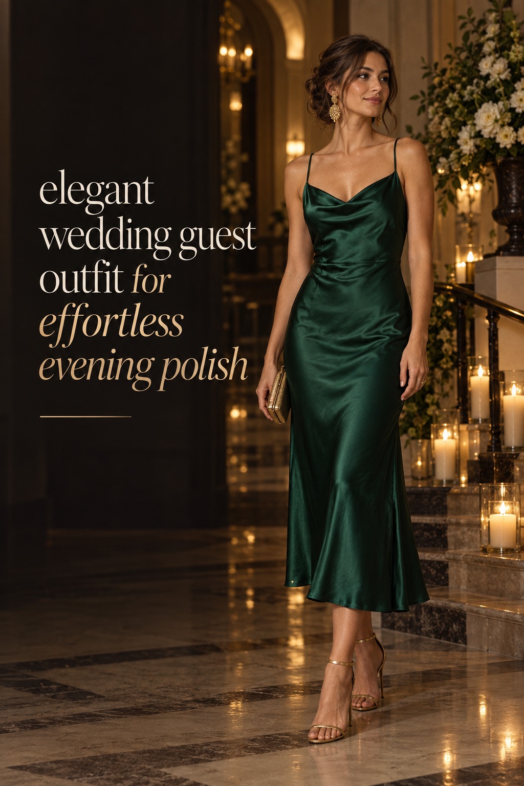 Elegant wedding guest outfit in emerald satin for an evening wedding