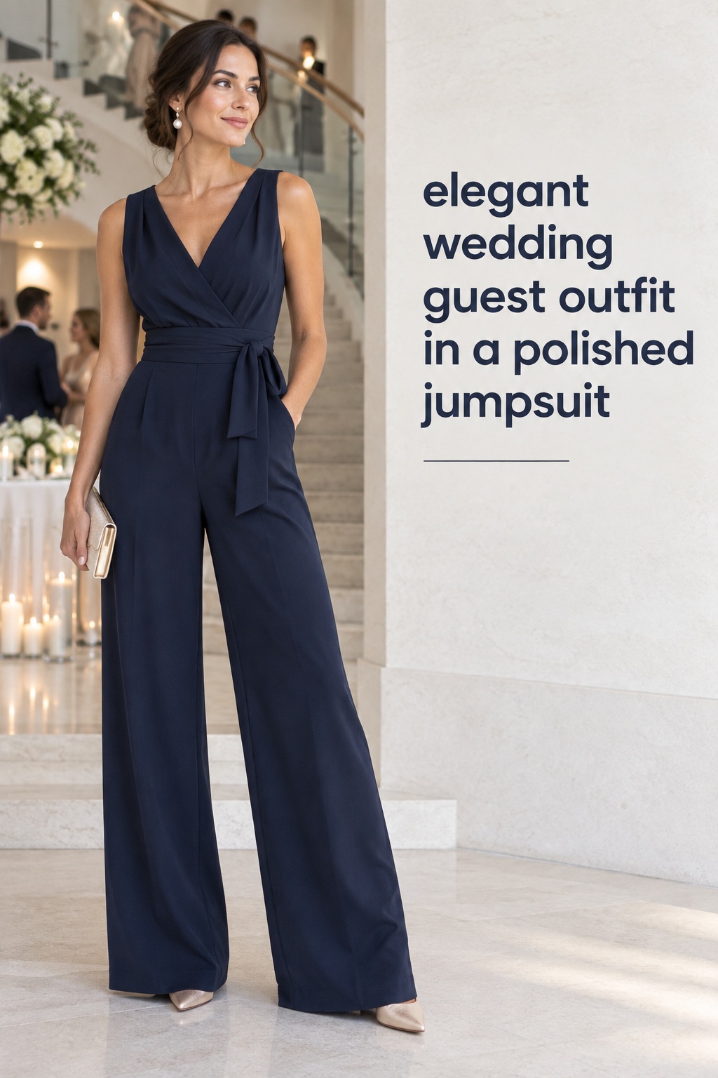 Elegant wedding guest outfit in a navy formal jumpsuit