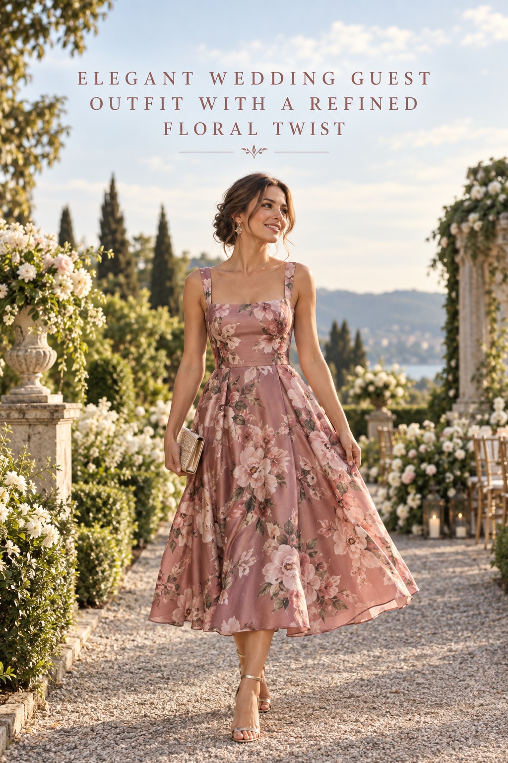 Elegant wedding guest outfit with a dusty rose floral midi