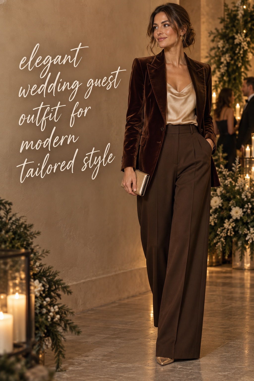 Elegant wedding guest outfit with velvet tailored separates