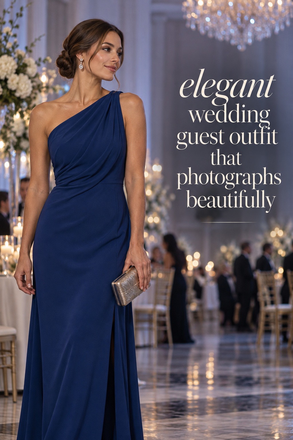 Elegant wedding guest outfit in a sapphire blue formal dress