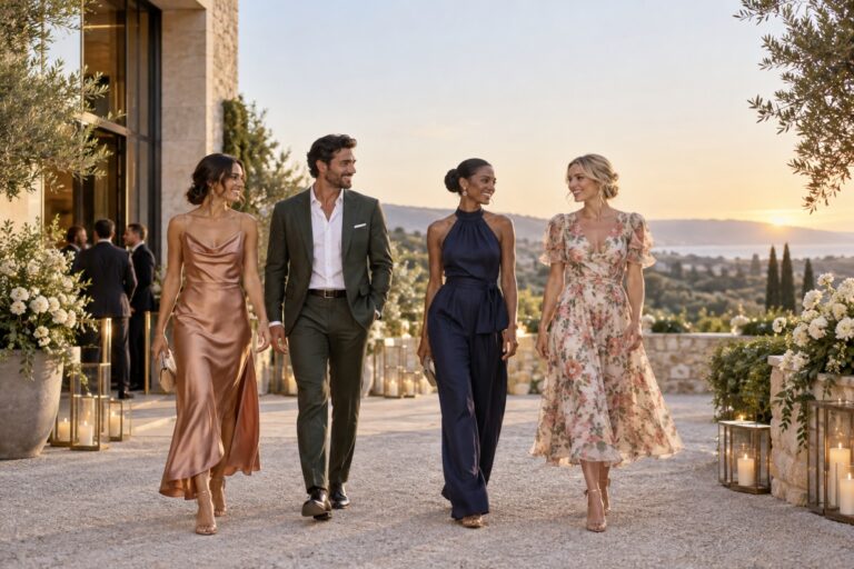 Elegant wedding guest outfit ideas at a modern wedding venue