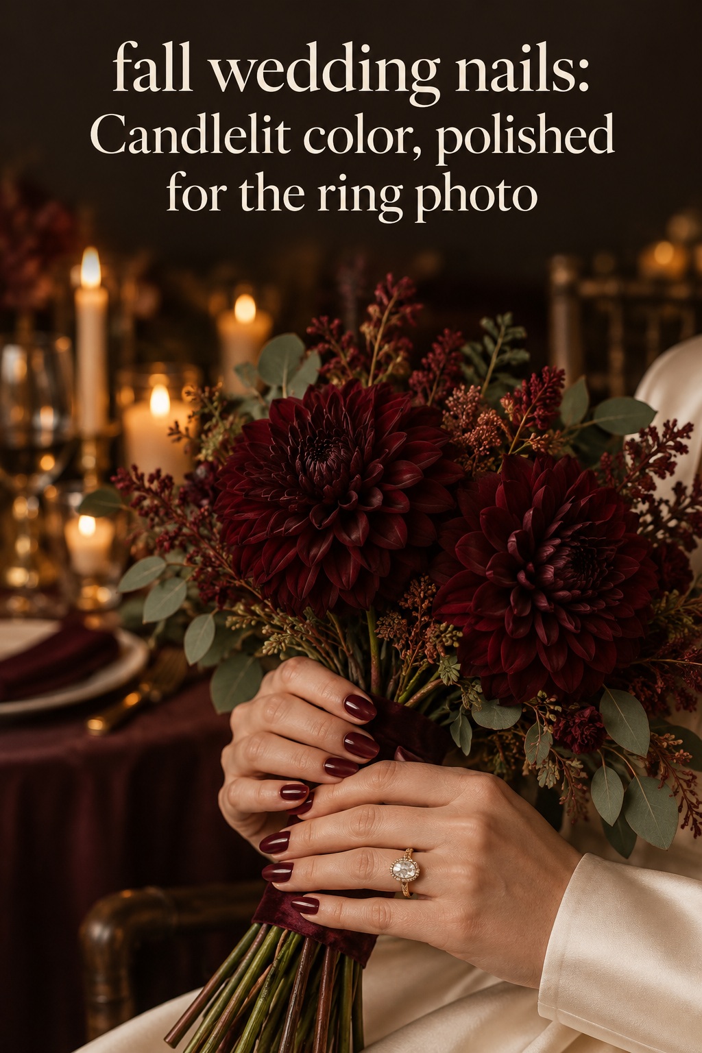 fall wedding nails in glossy burgundy beside a candlelit bouquet
