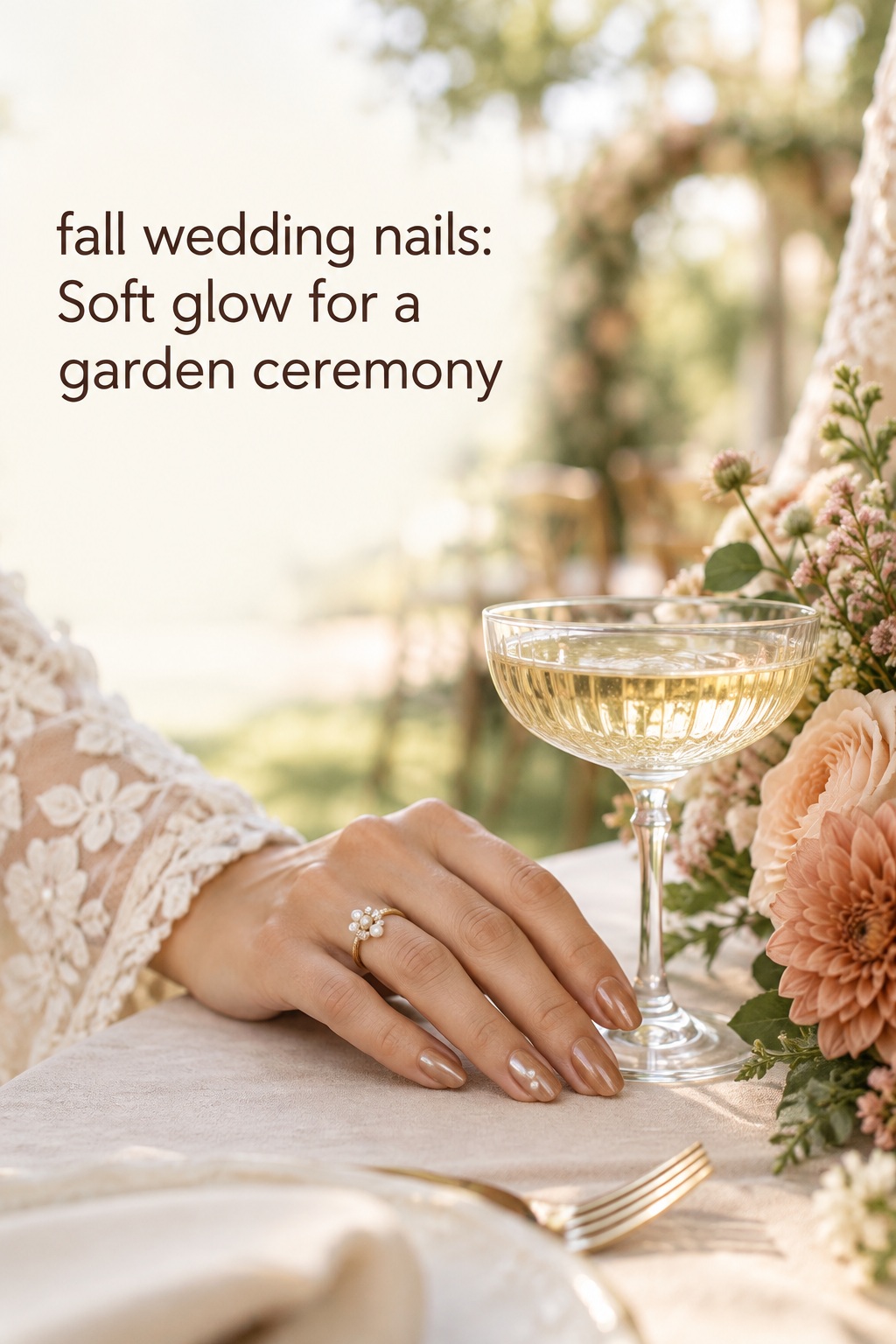 fall wedding nails in warm caramel with a pearl garden glow