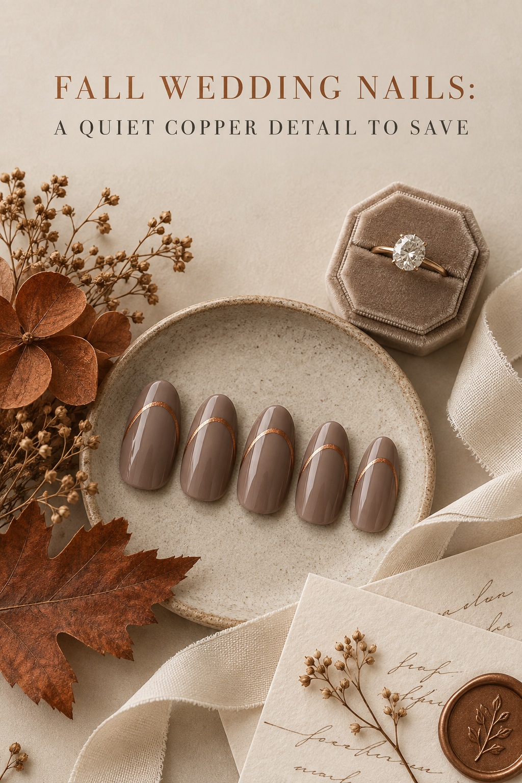 fall wedding nails in mushroom taupe with a copper detail