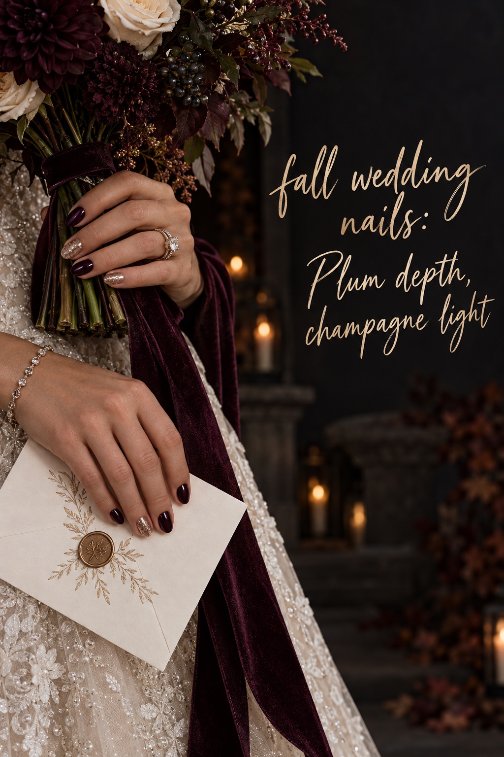 fall wedding nails in plum and champagne for an evening bride