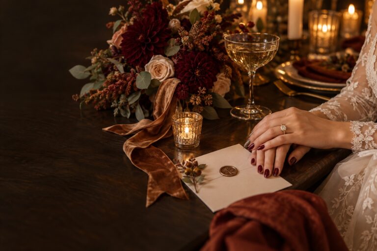 fall wedding nails beside burgundy flowers and candlelit reception details