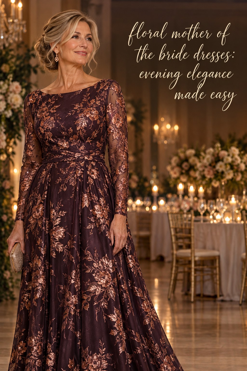 floral mother of the bride dresses in a plum and copper evening gown