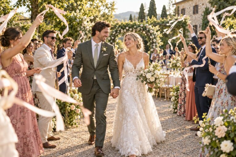 Newlyweds walk through a joyful garden send-off with ribbon-waving guests