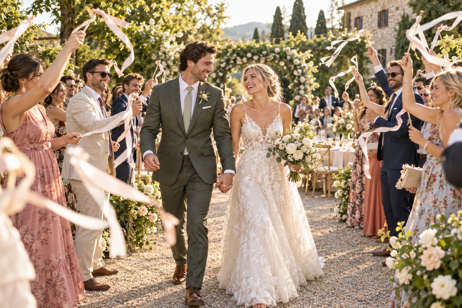 Newlyweds walk through a joyful garden send-off with ribbon-waving guests