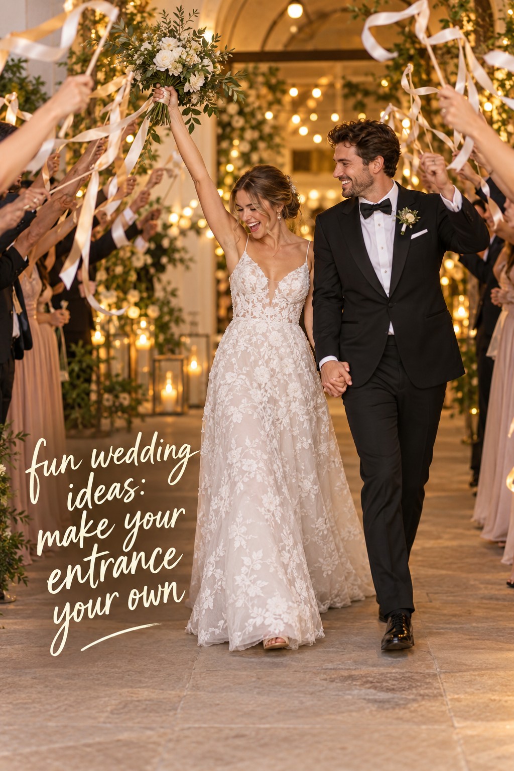 Fun wedding ideas with a full-length couple making a ribbon entrance