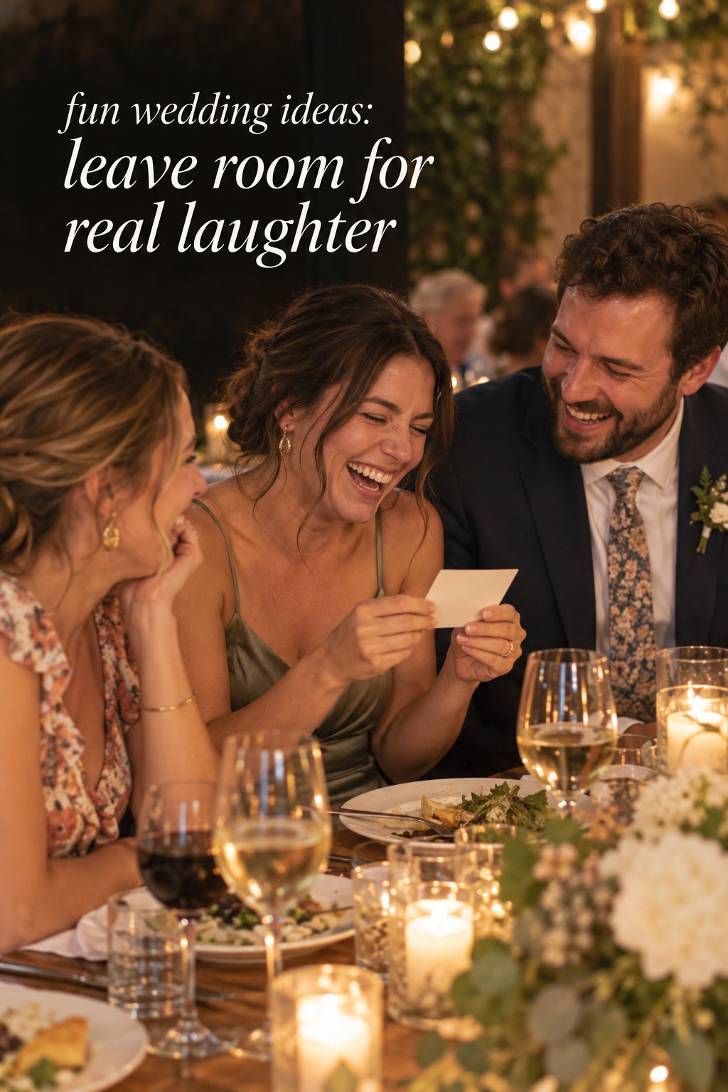 Fun wedding ideas with guests laughing together around the dinner table