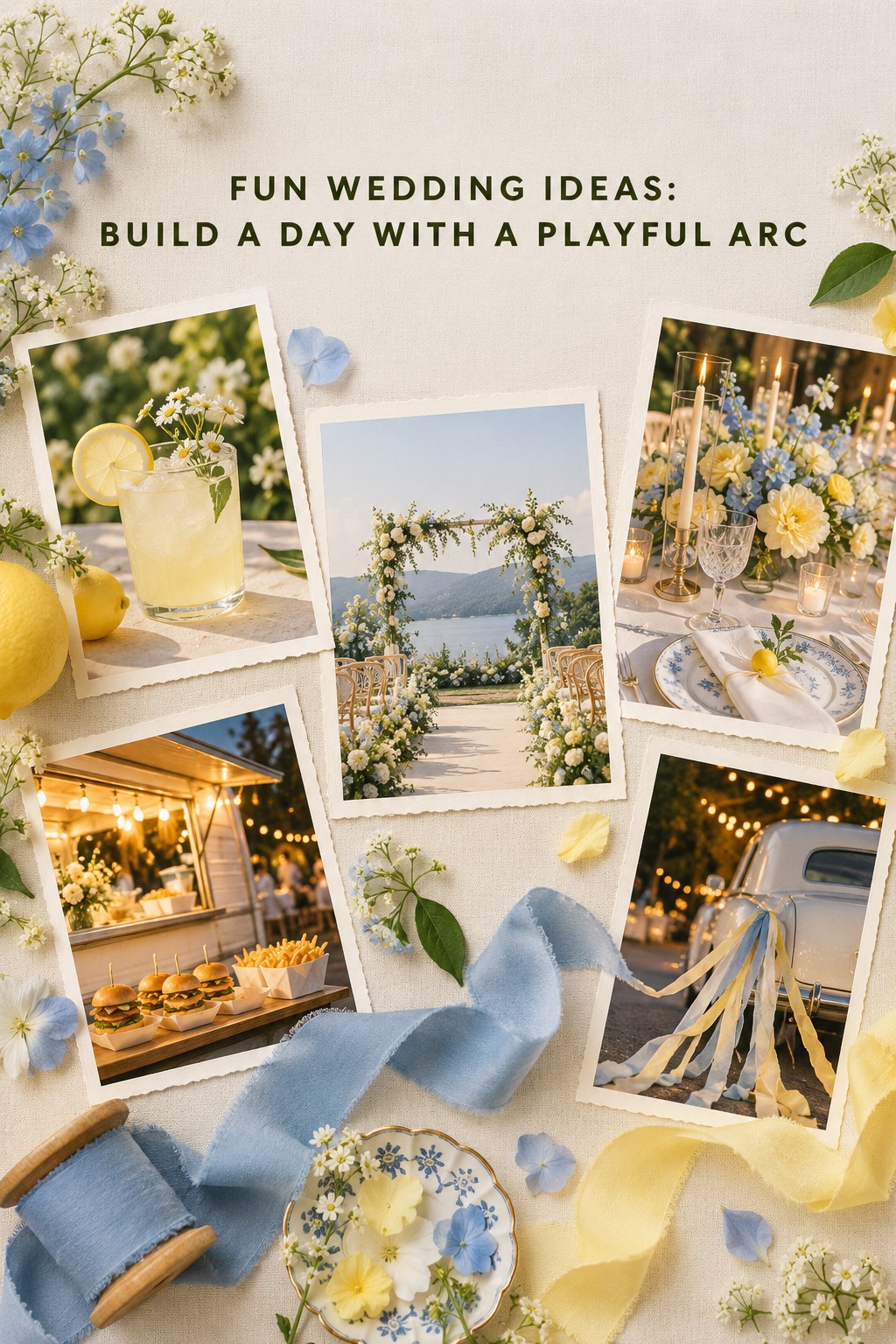Fun wedding ideas flat lay with welcome, ceremony, dinner, and send-off cards