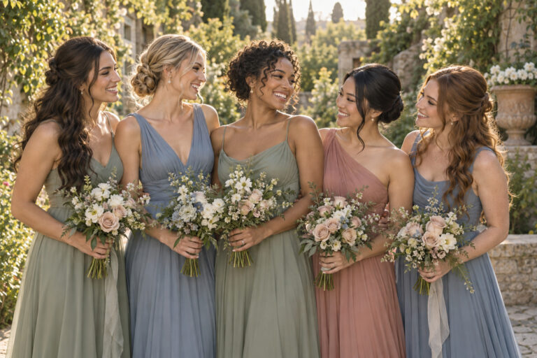 Bridesmaids with varied wedding hairstyles in a garden party