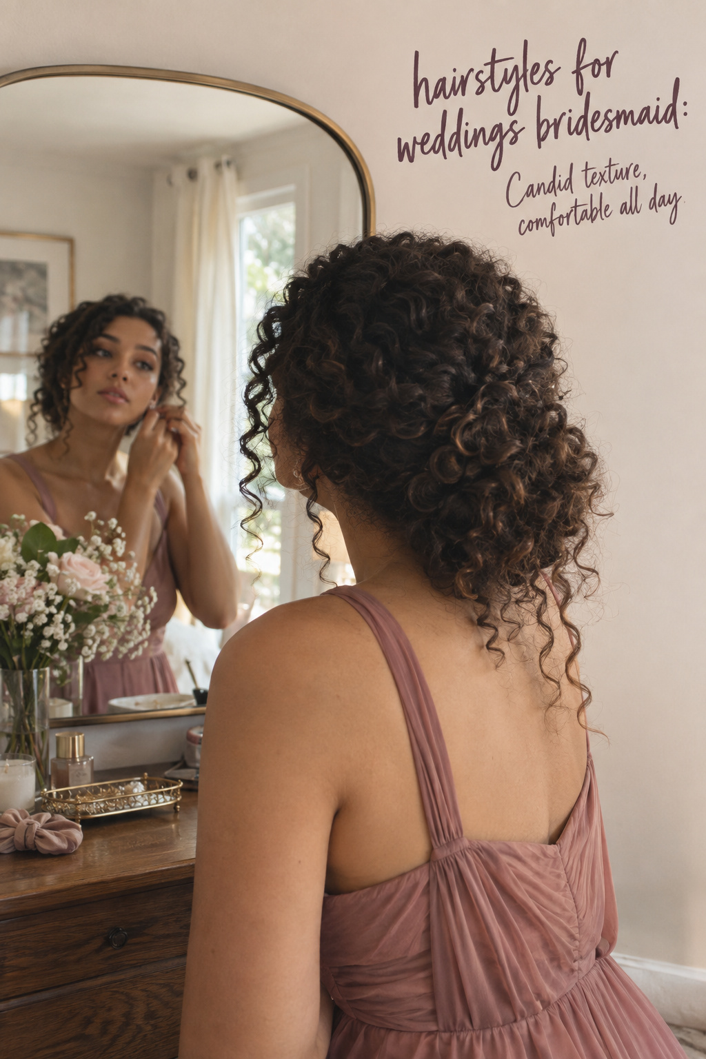 Hairstyles for weddings bridesmaid with natural curls in a candid getting-ready portrait