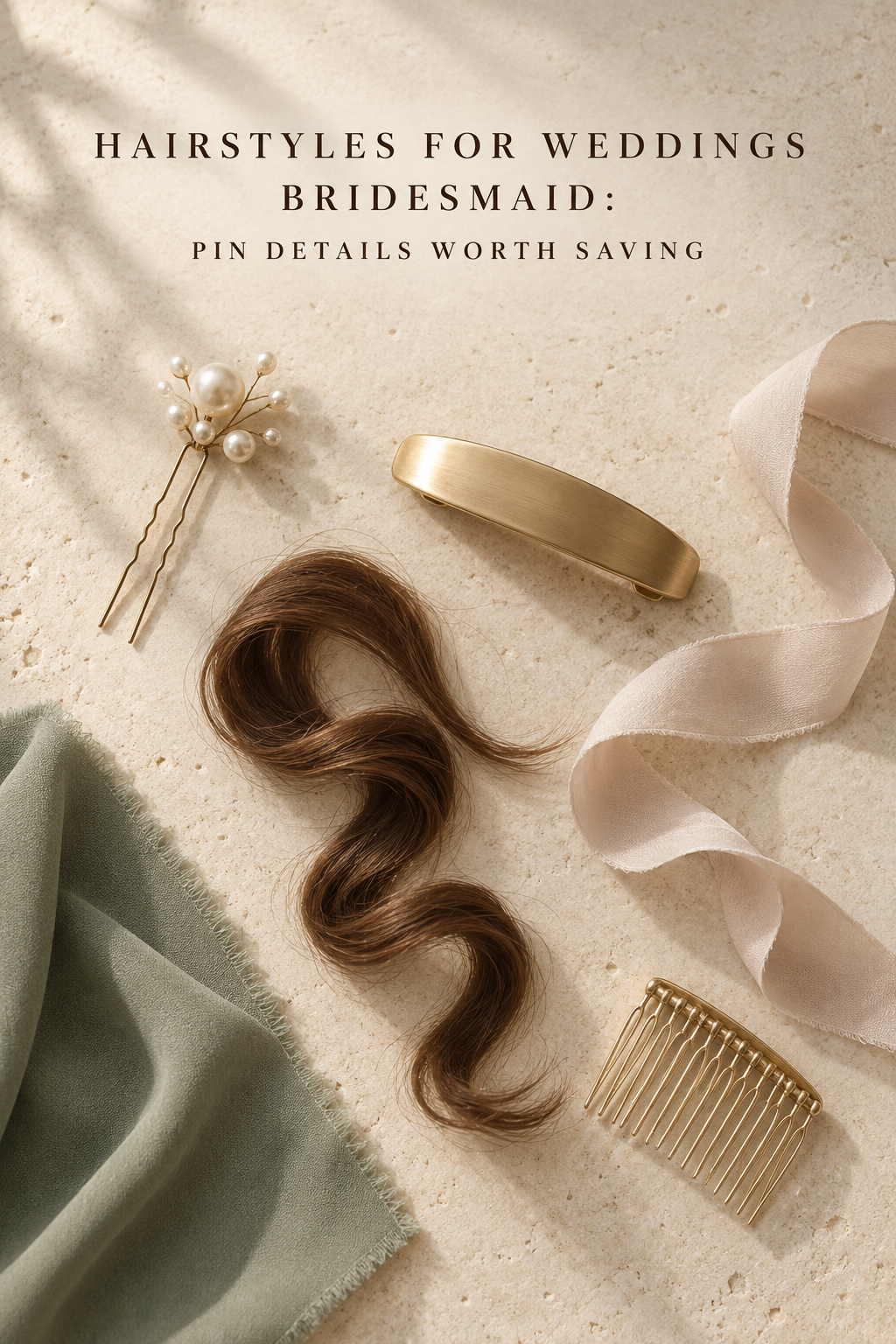 Hairstyles for weddings bridesmaid flat lay with pearl pins, barrette, ribbon, and comb