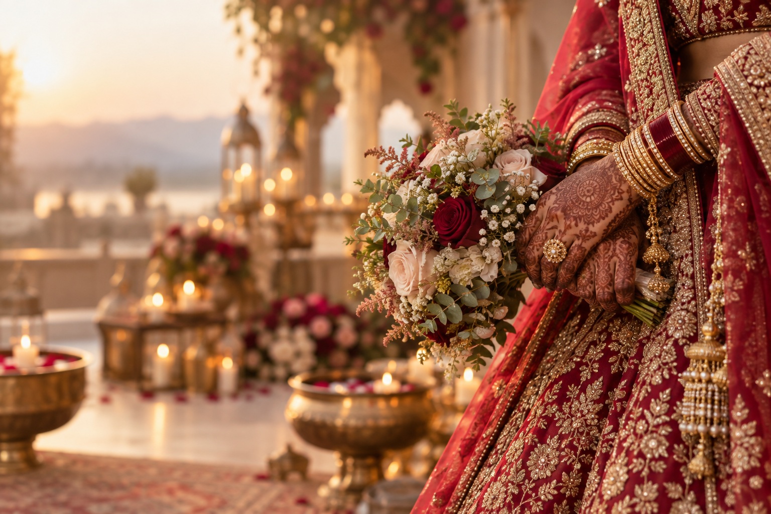 indian wedding nails with mehndi hands and crimson gold bridal details