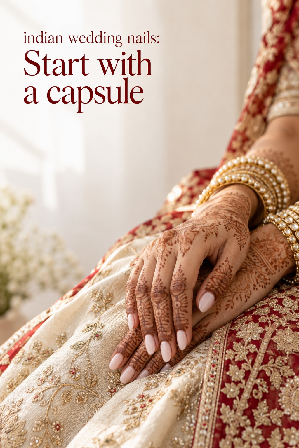 indian wedding nails with mehndi and ivory crimson bridal outfit