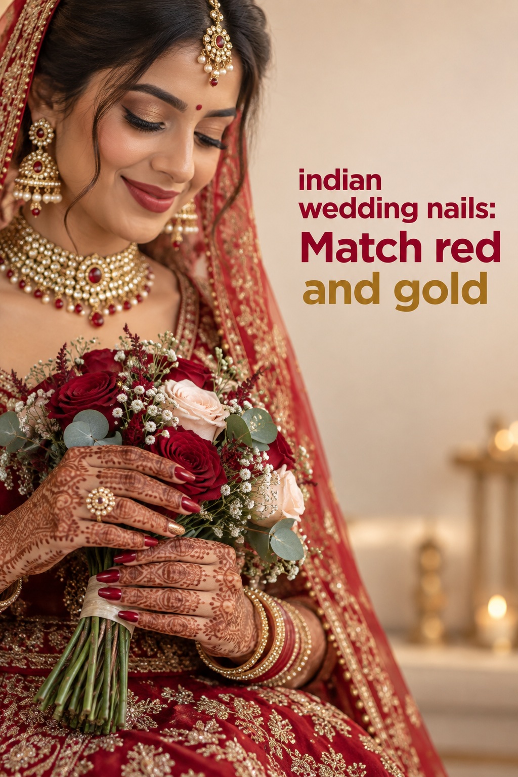 indian wedding nails with deep red manicure and gold bridal details