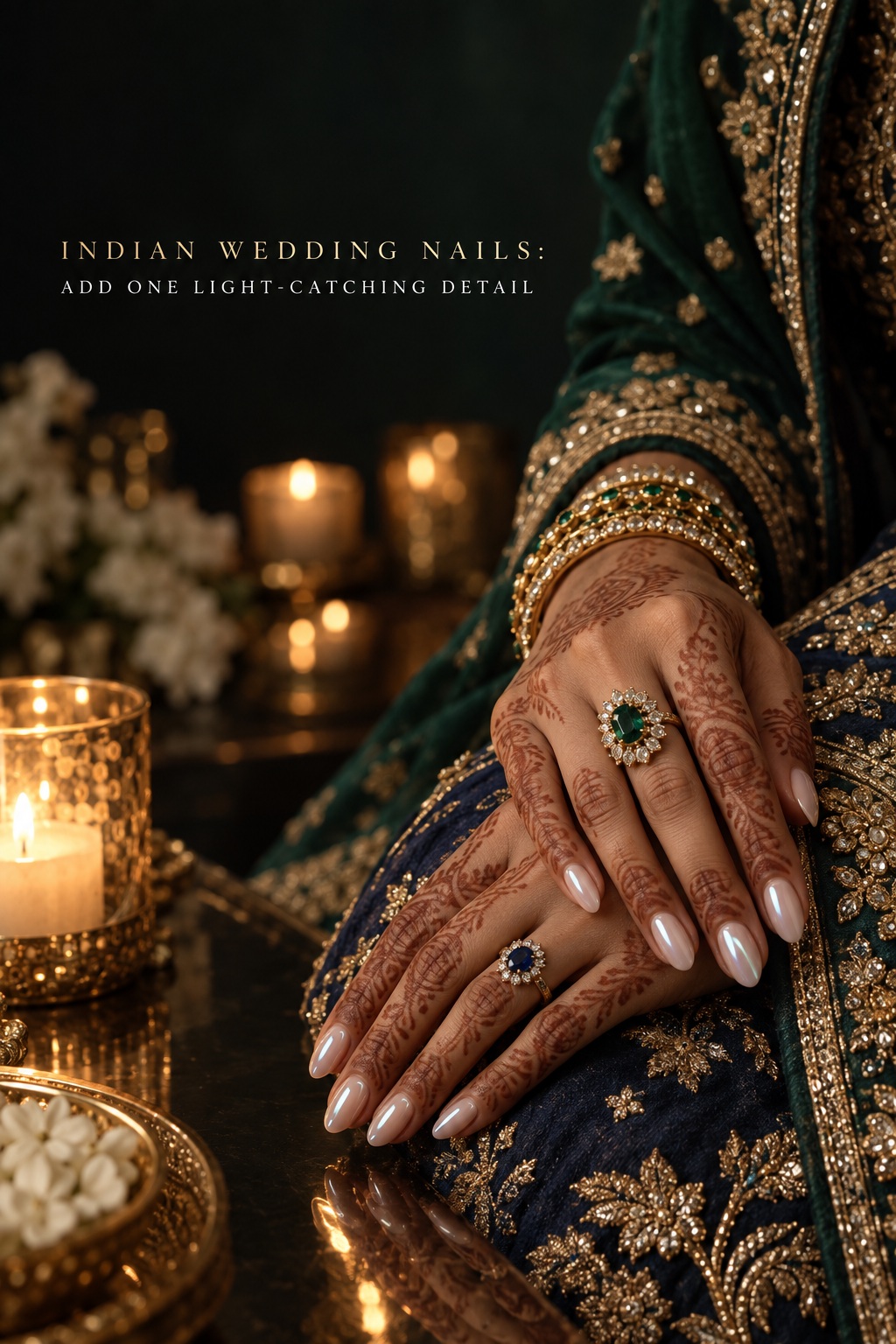 indian wedding nails with pearl chrome beside emerald and sapphire bridal fabric