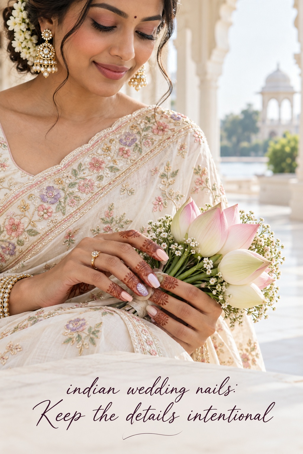 indian wedding nails comfort test with ivory sari and pastel bridal details