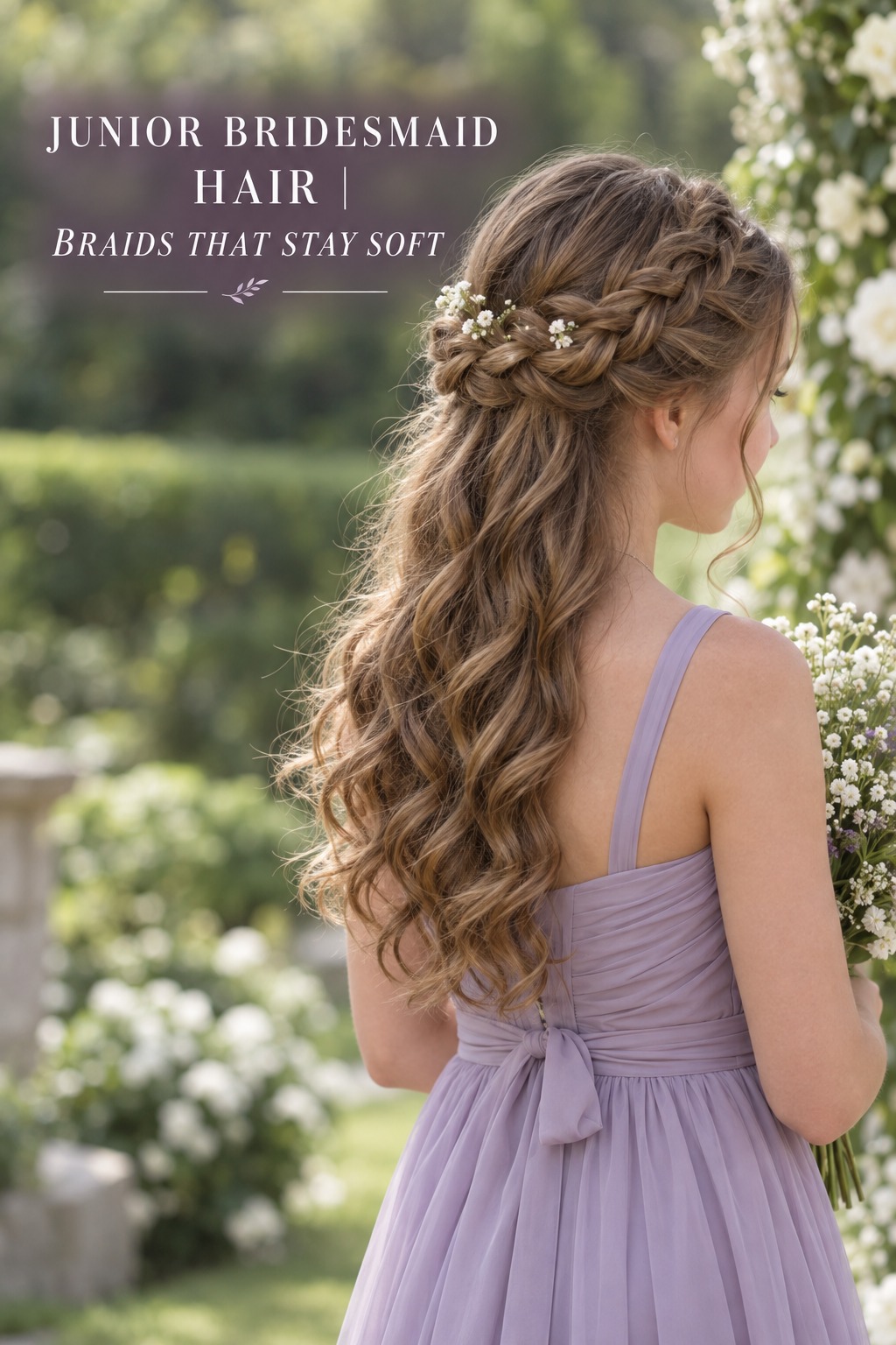 junior bridesmaid hair with a soft braided crown and lavender dress