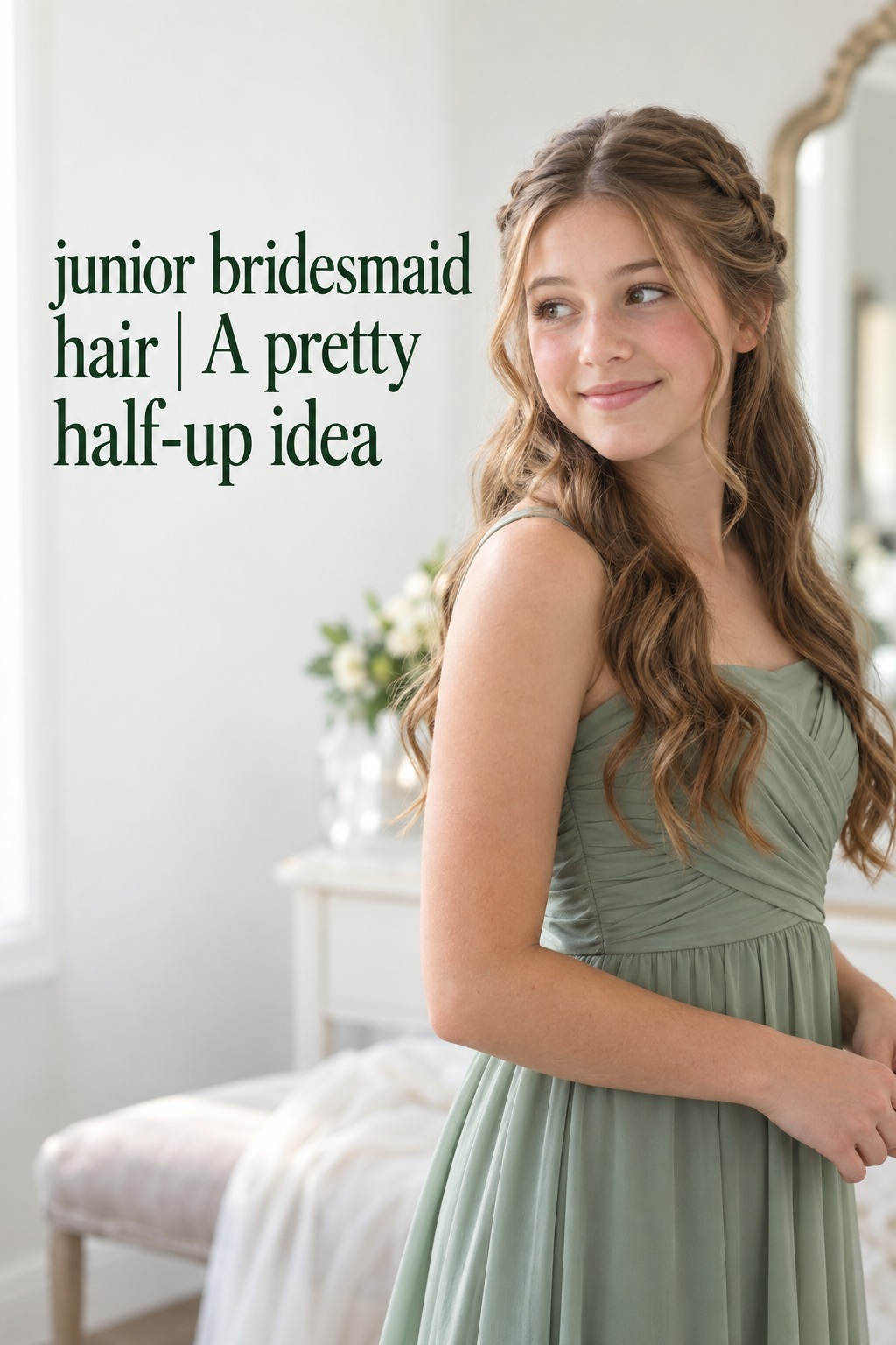 junior bridesmaid hair with a soft half-up braid and sage dress
