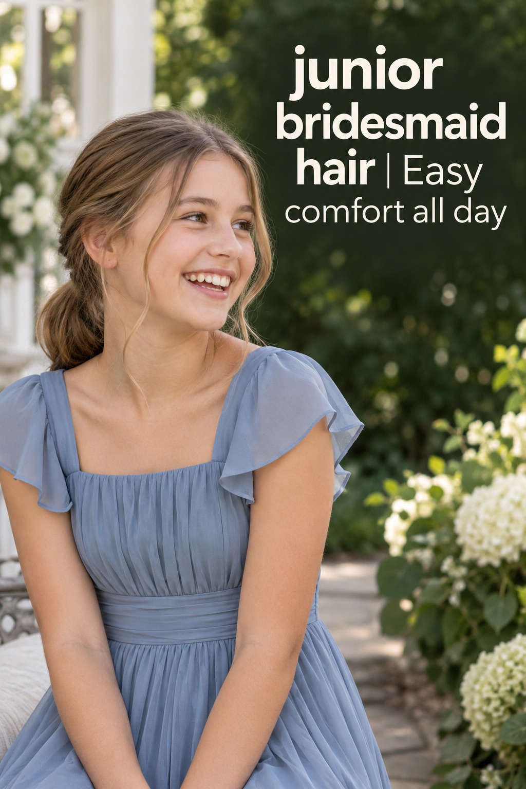 junior bridesmaid hair in a comfortable low ponytail with soft tendrils