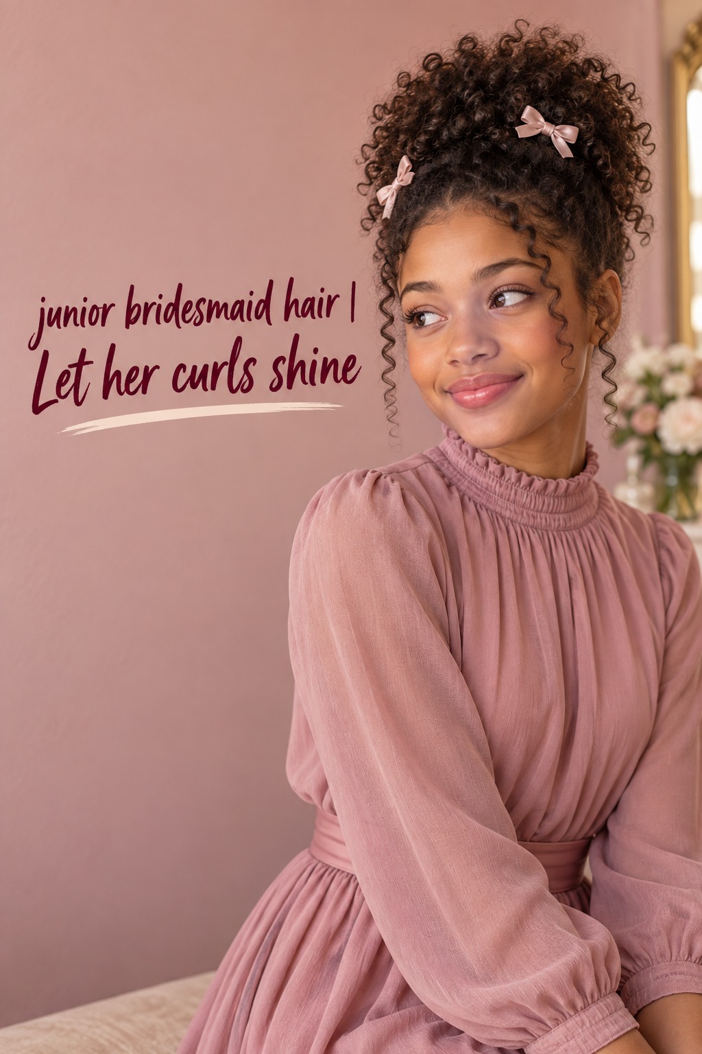 junior bridesmaid hair with natural curls gathered into a soft puff