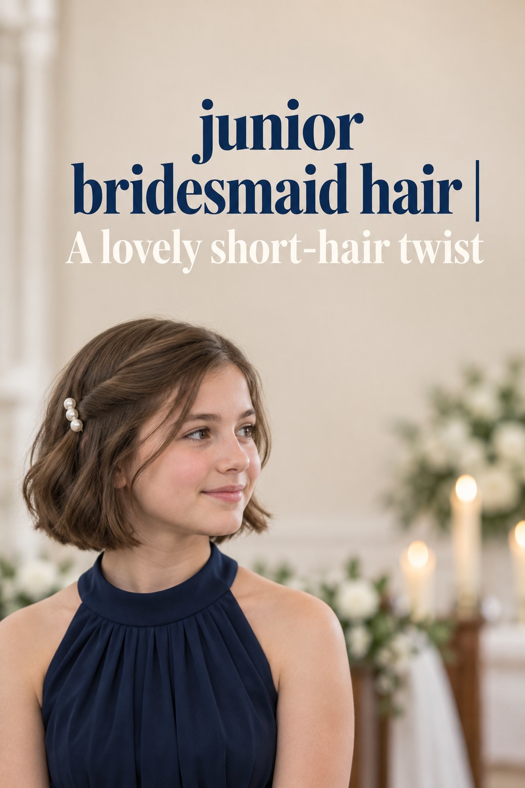 junior bridesmaid hair with a short bob, side twist, and pearl clip