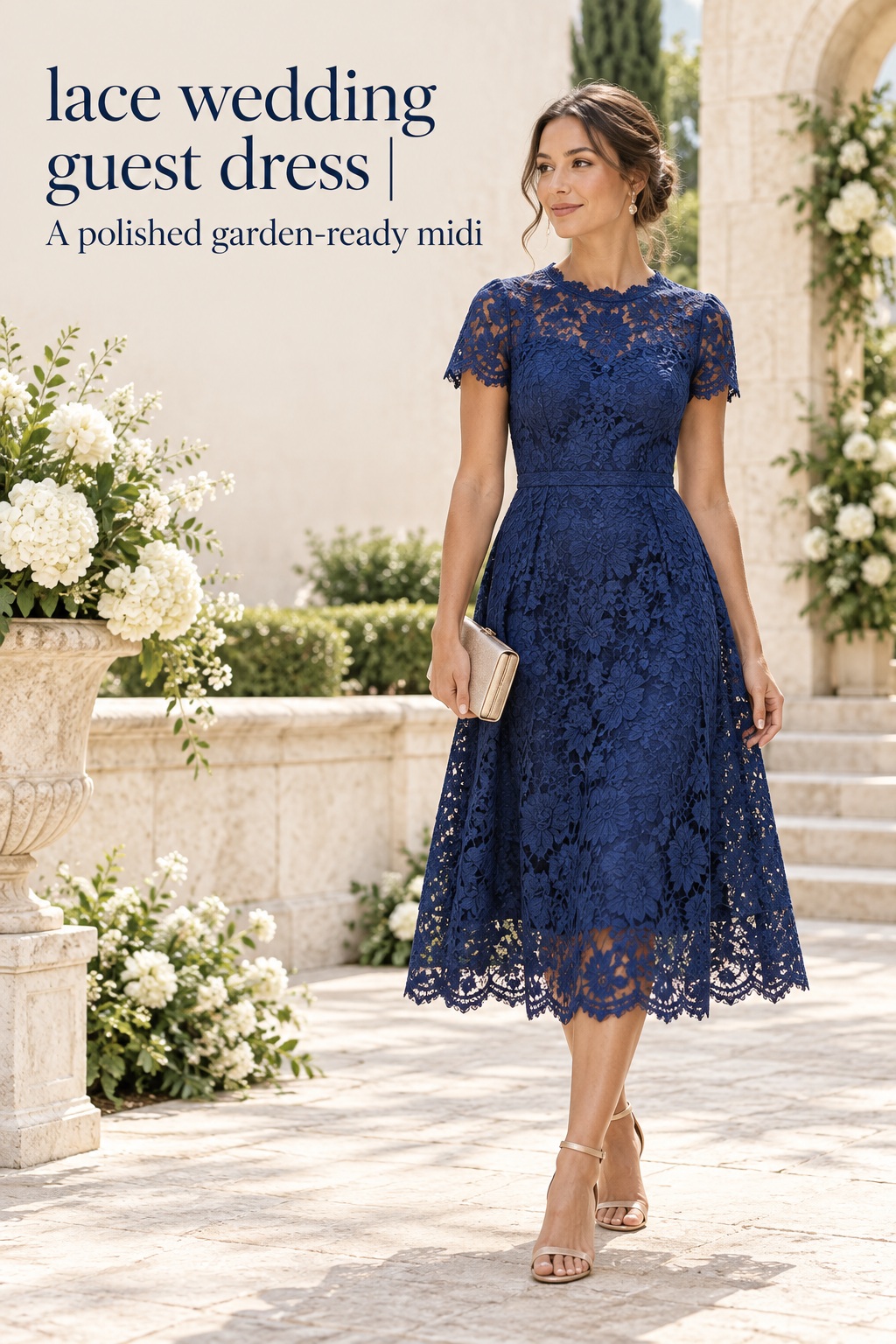 lace wedding guest dress in a sapphire blue garden-ready midi