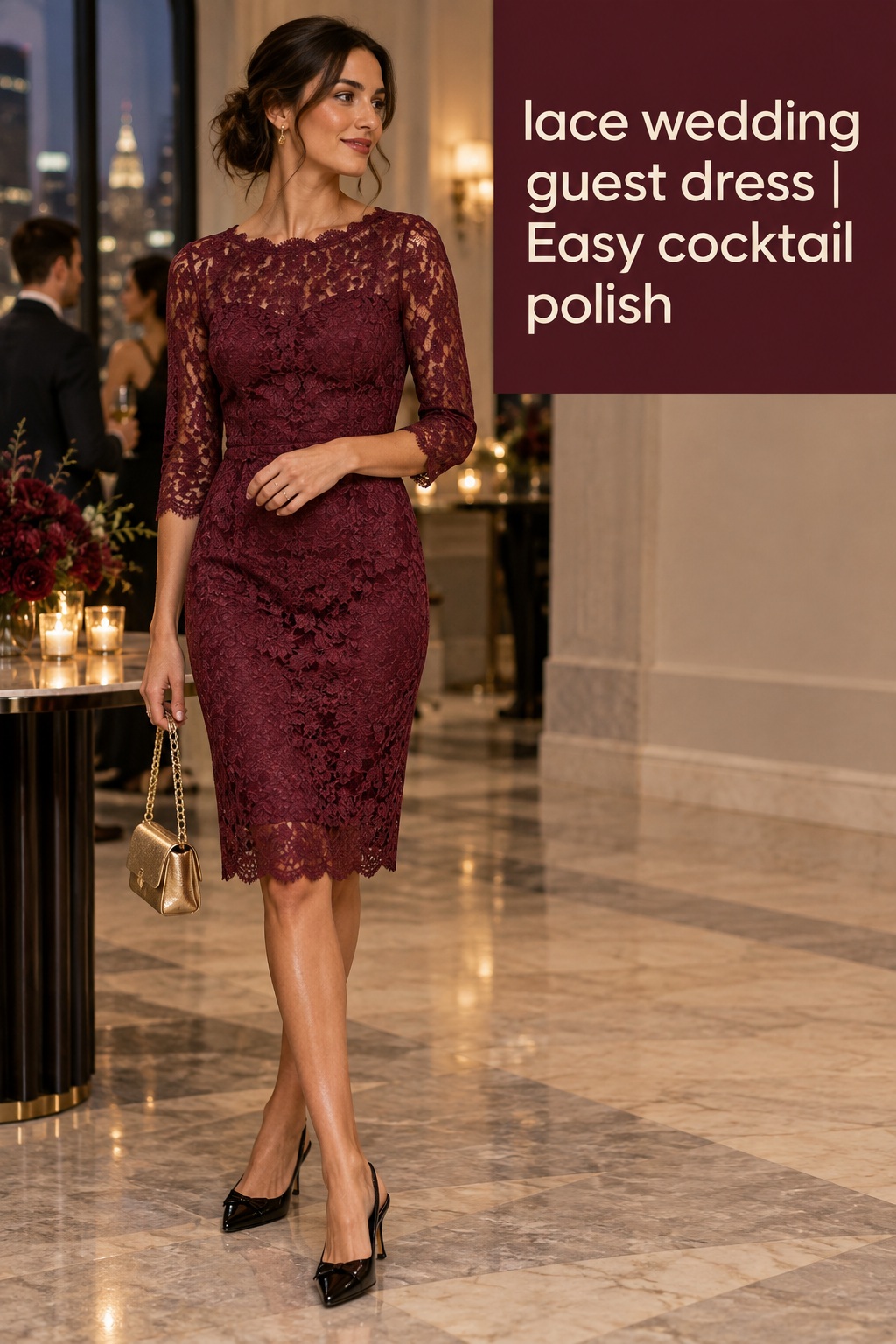 lace wedding guest dress in a berry cocktail sheath with sleeves