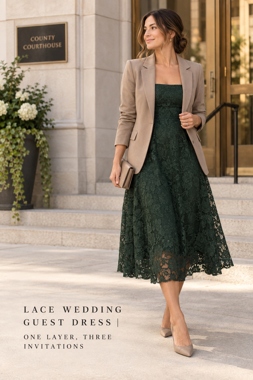lace wedding guest dress in forest green with a tailored blazer