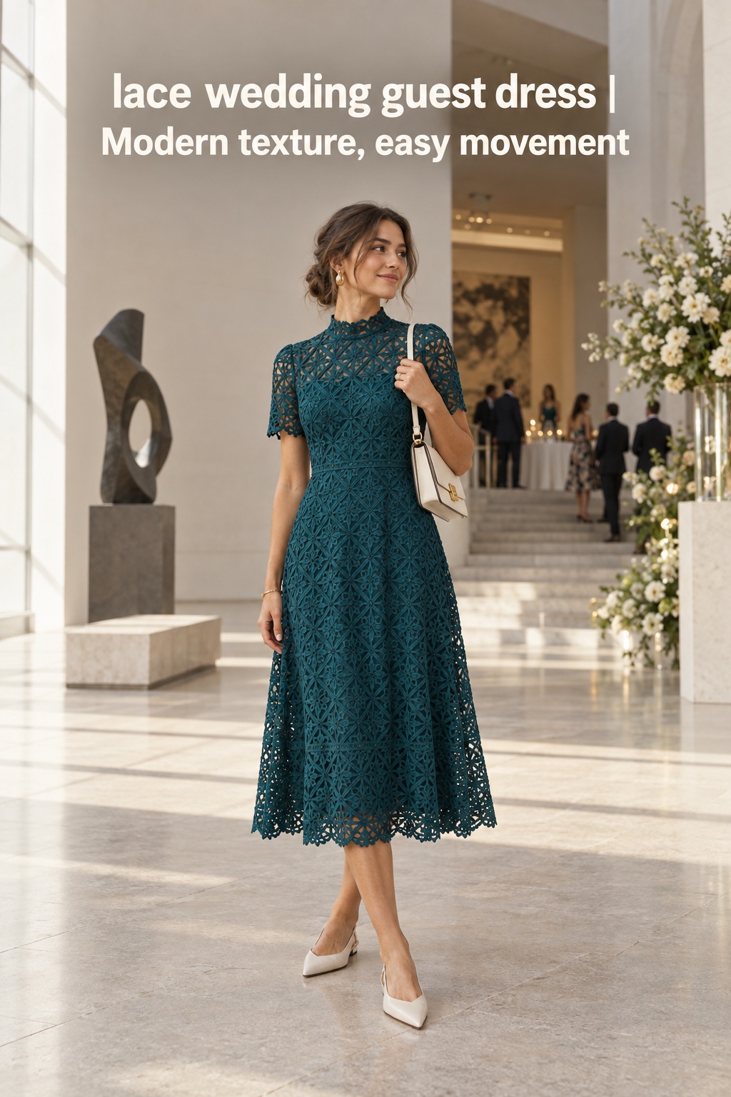 lace wedding guest dress in teal with modern geometric texture