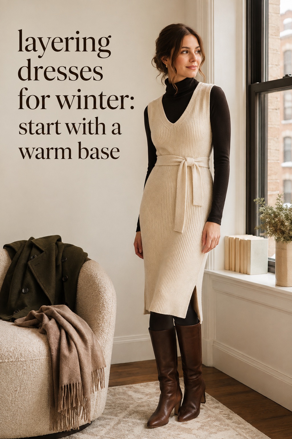 layering dresses for winter with cream knit dress and warm base layer