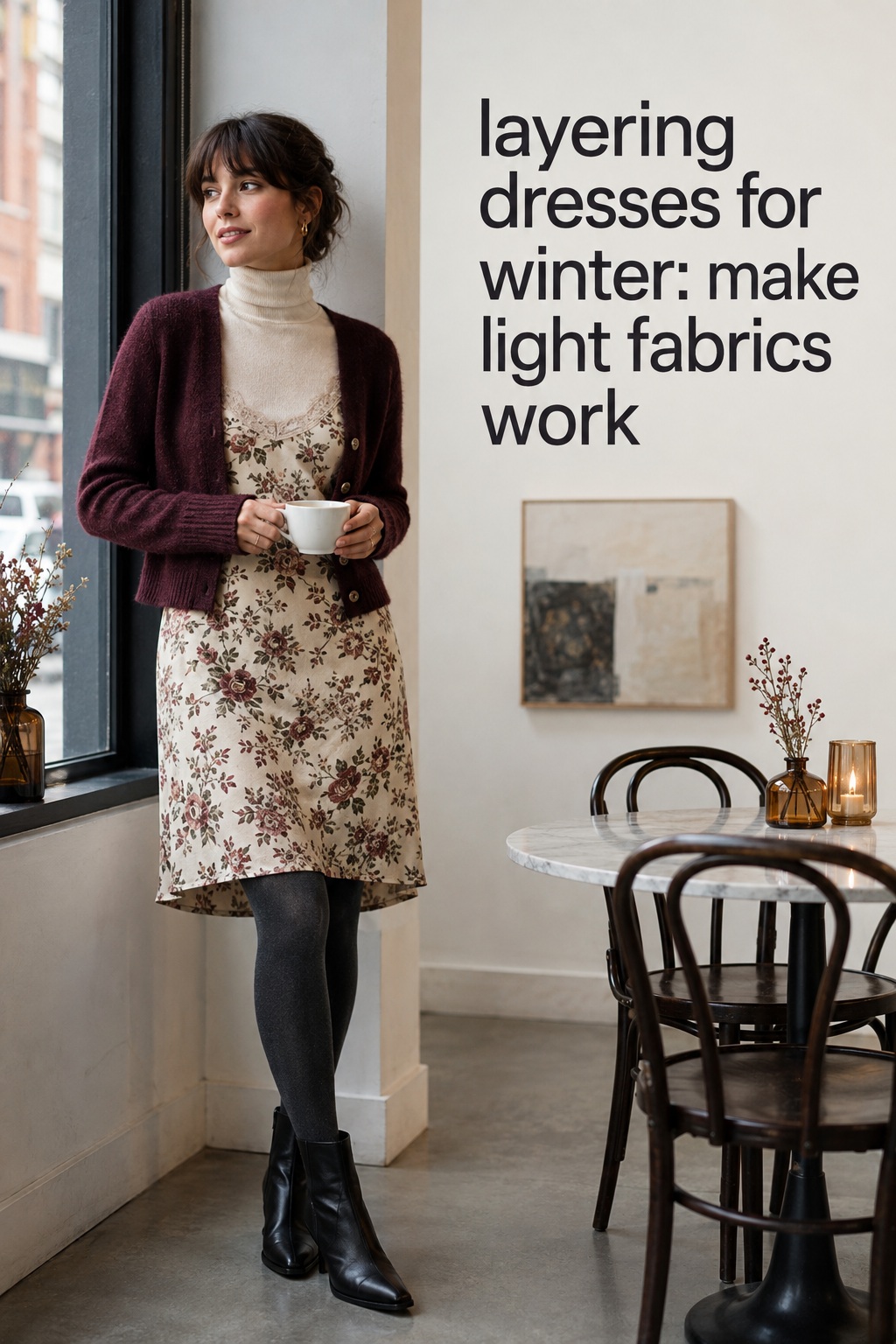 layering dresses for winter with floral dress ivory turtleneck and cardigan