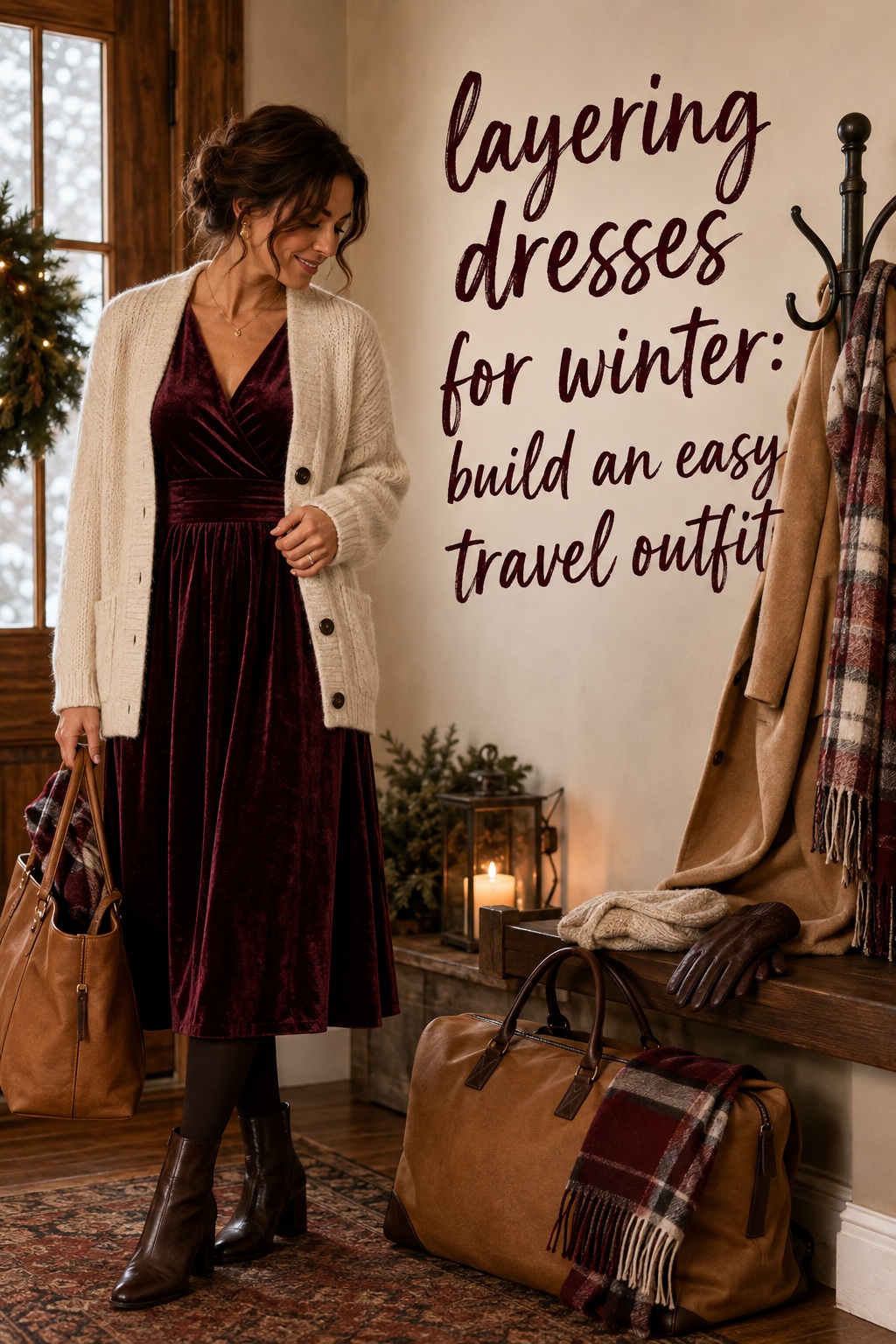 layering dresses for winter burgundy velvet dress with cream cardigan