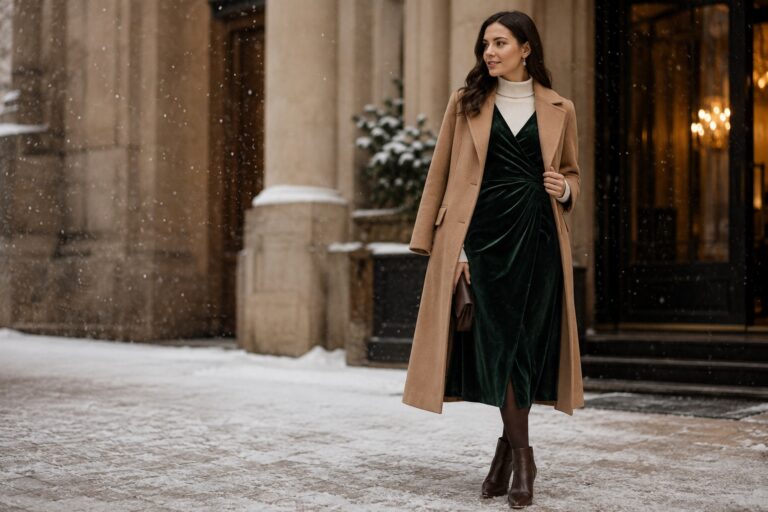 layering dresses for winter forest green velvet dress and camel coat